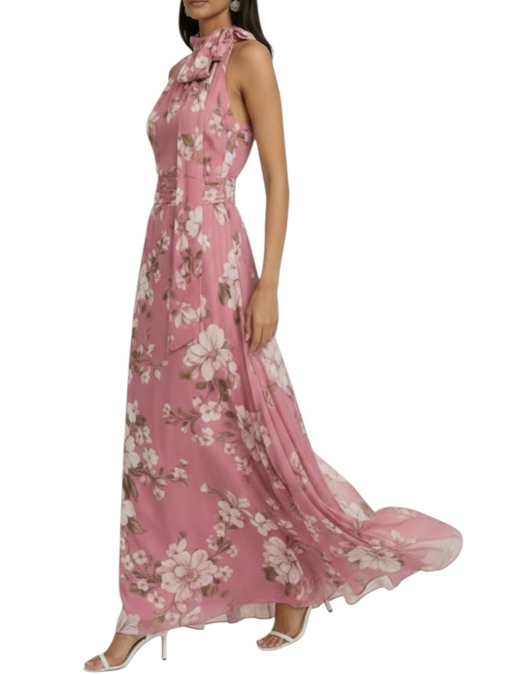 NWT SACHIN + BABI Pink Floral Sleeveless Tie Neck Dress Gown Size 2